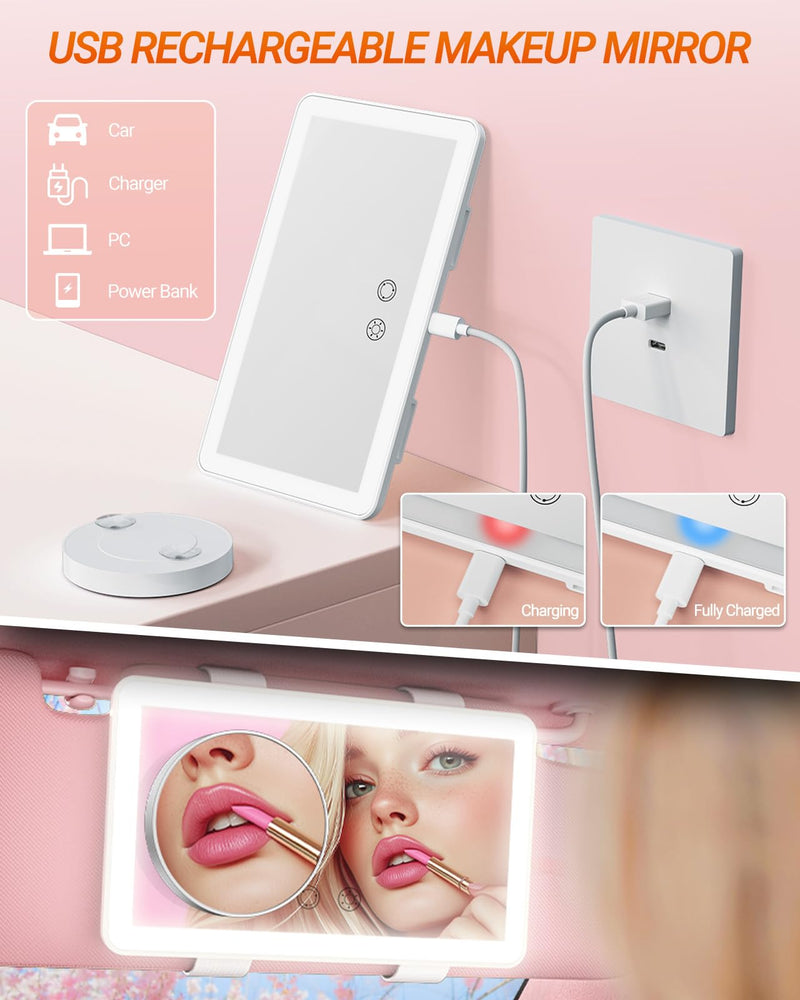 SEALIGHT Car Sun Visor Vanity Mirror, Dimmable Touch Control 1X/3X Magnification Makeup Mirror with Lights, Rechargeable 3 Light Modes & 60 LEDs, Universal for Car Truck SUV