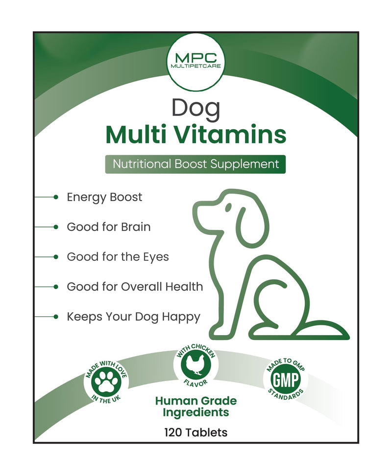 Dog Multivitamin 22-in-1 – Dog Vitamins and Supplements with Calcium, Zinc, Iron & Full B-Complex | Immune, Skin & Coat, Bone & Joint Support | Chicken Flavor Tablets | UK GMP | 120 Ct