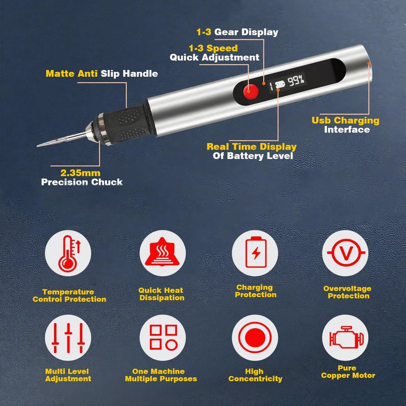 Engraving Pen, Cordless Electric Engraving 3-Speed Engraver (8000-25000 RPM) for Beginner Friendly Artists & DIYers Rechargeable +Tool with 35 Accessories for Metal/Glass/Wood Engraving Silver