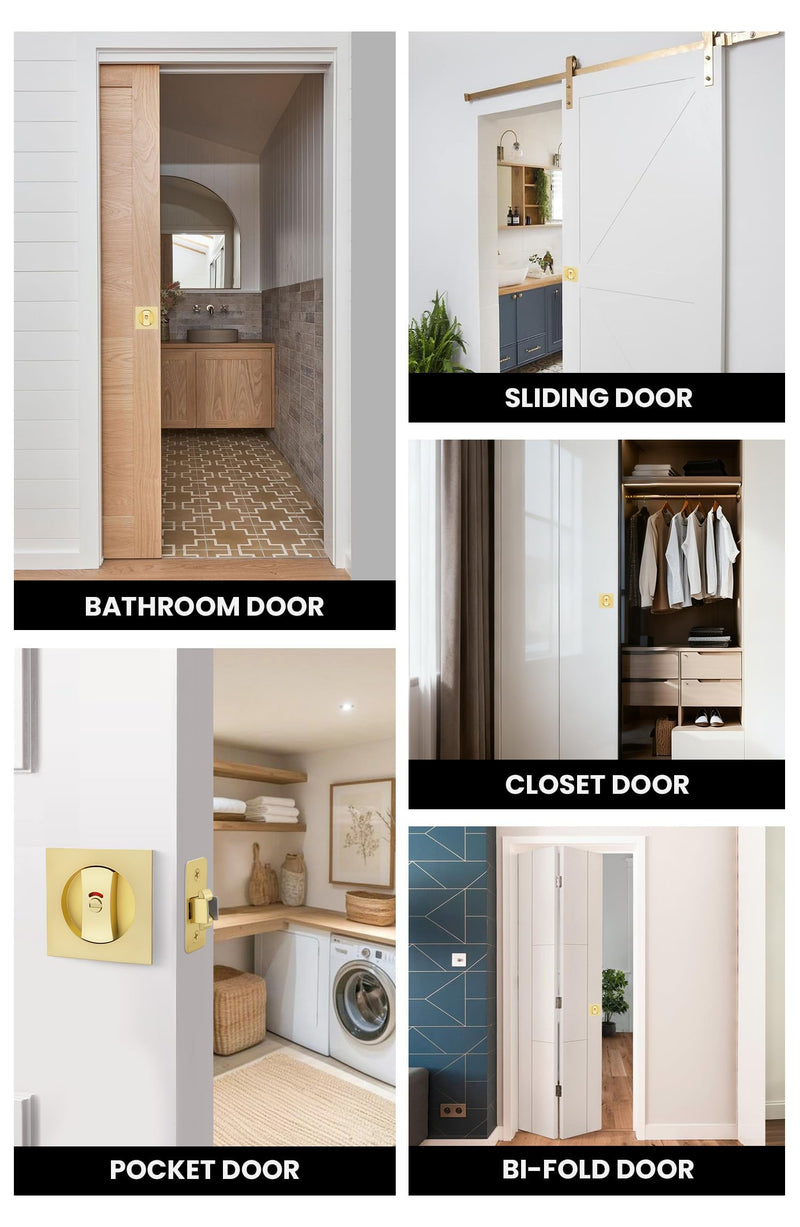 goldenwarm Brushed Gold Square Pocket Door Lock with Indicator, Pocket Door Hardware for 2-1/8'' Round Bore Hole, Pocket Door Handles Fit 1-1/4'' to 2'' Thickness Sliding Door 2-3/8'' Latch 1 Pack Indicator 1 Pack
