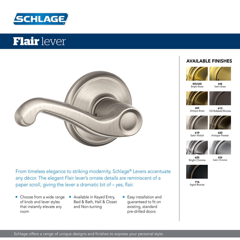 Schlage F40 FLA 609 Flair Door Lever, Bed & Bath Privacy Lock, Antique Brass Standard