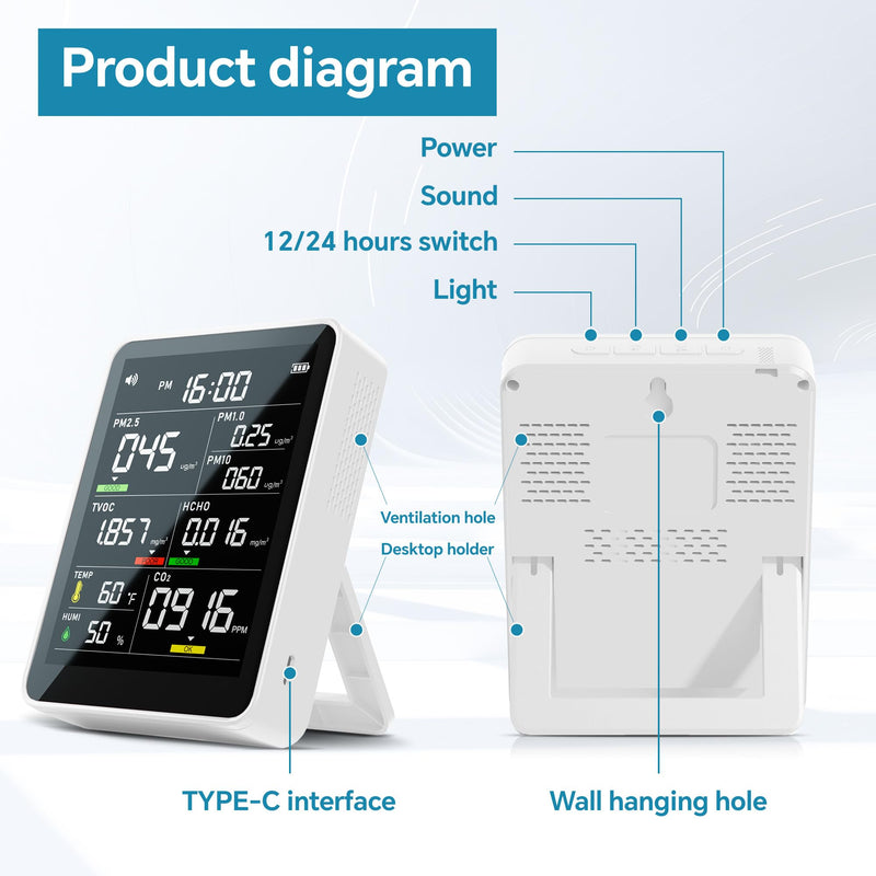Air Quality Monitor Indoor,13-in-1 Smart Air Quality Tester with PM 2.5, CO2, TVOC, HCHO, PM1, AQI, PM10, Temperature & Humidity, Real Time Display, Battery Powered, for Home & Office (White) White