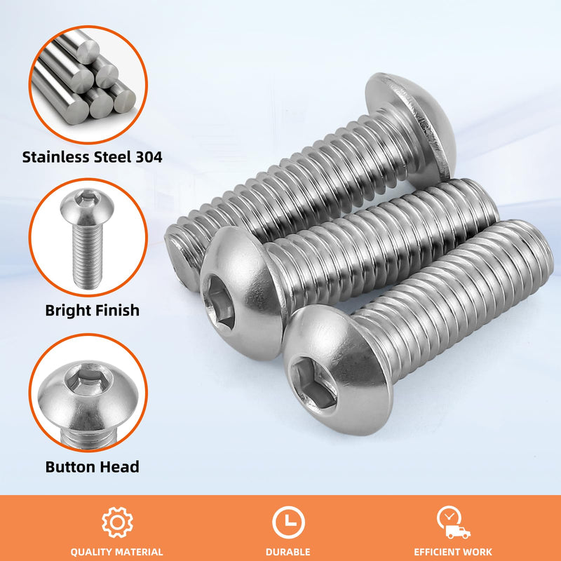 1/4-20 x 1/2" Button Head Socket Cap Bolts Screws, 18-8 Stainless Steel, Bright Finish, Full Thread, Allen Hex Drive, 25 PCS 1/4-20 x 1/2"