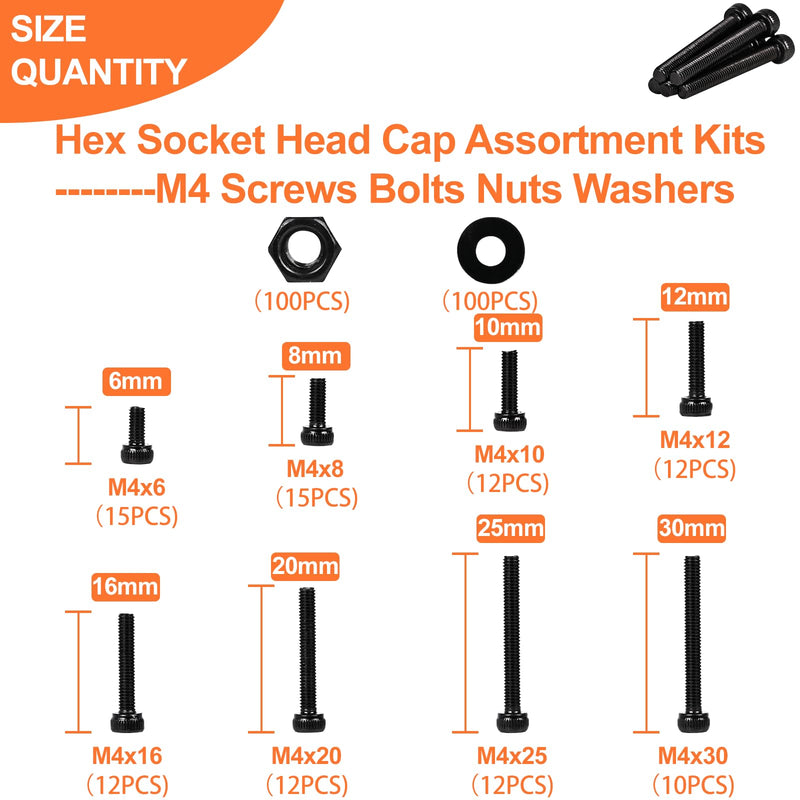300pcs M4 Screw Kit, Premium M4 Hex Socket Head Cap Screw Assortment with Nuts and Washers, M4 x 6mm /8mm /10mm /12mm /16mm /20mm /25mm /30mm (Black)