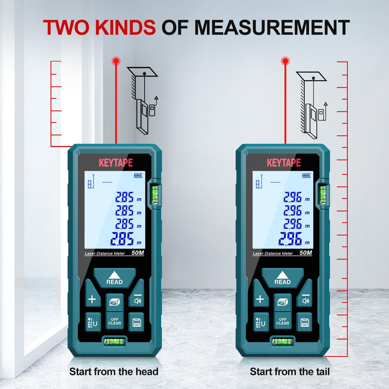 Distance Measuring Laser 165ft KEYTAPE Multifunction Measure Laser Ruler, Upgraded M/in/FT/FT+in Unit Switching Backlit LCD and Pythagorean Mode, DT50 Portable Handle Laser Distance Measurement Tool 50M/165FT