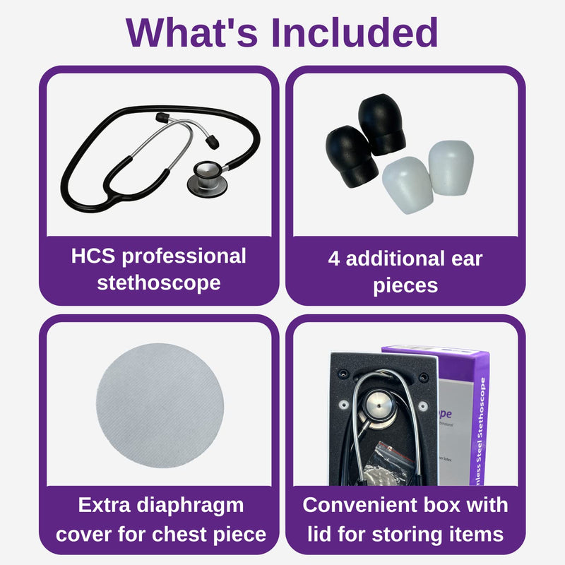 HCS Stethoscope, Premium Stainless Steel - Medical Grade, Dual Head Stethoscopes for Nurses, Doctors, Veterinary - 22 inch Tubing (Black) Black