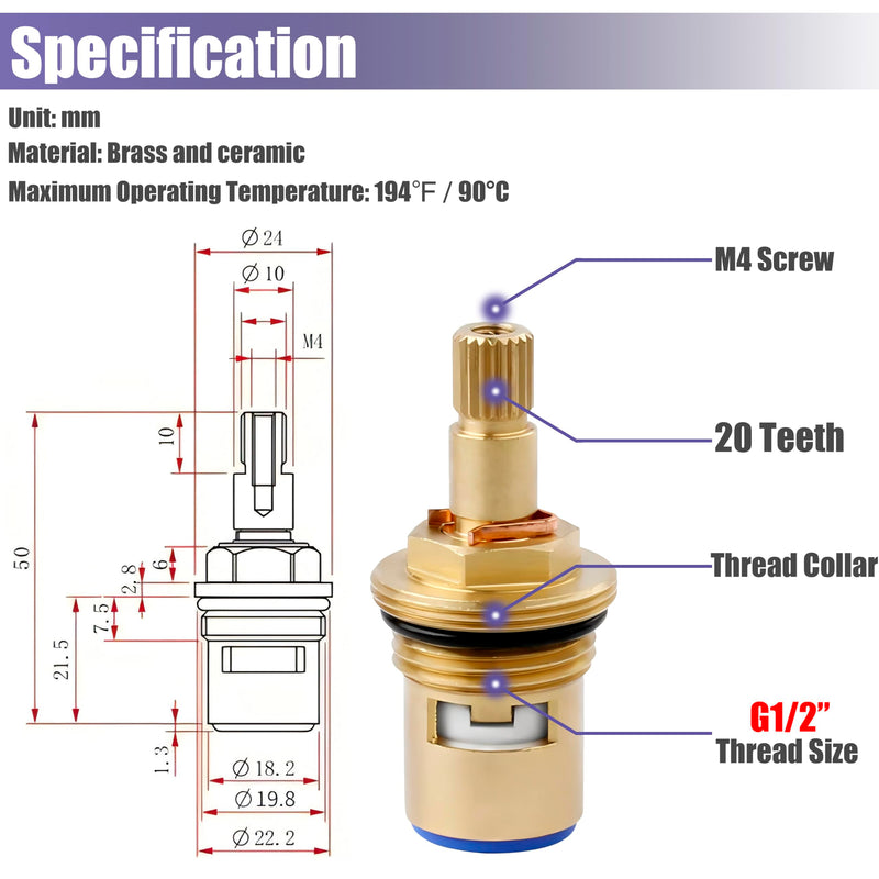 Yakamoz Brass Faucet Cartridge Replacement, 2Pcs Hot and Cold Ceramic Disc Cartridge Quarter Turn Sink Faucet Valve Stem Replacement Parts for Kitchen Bathroom Faucet Repair, G1/2" Thread Size