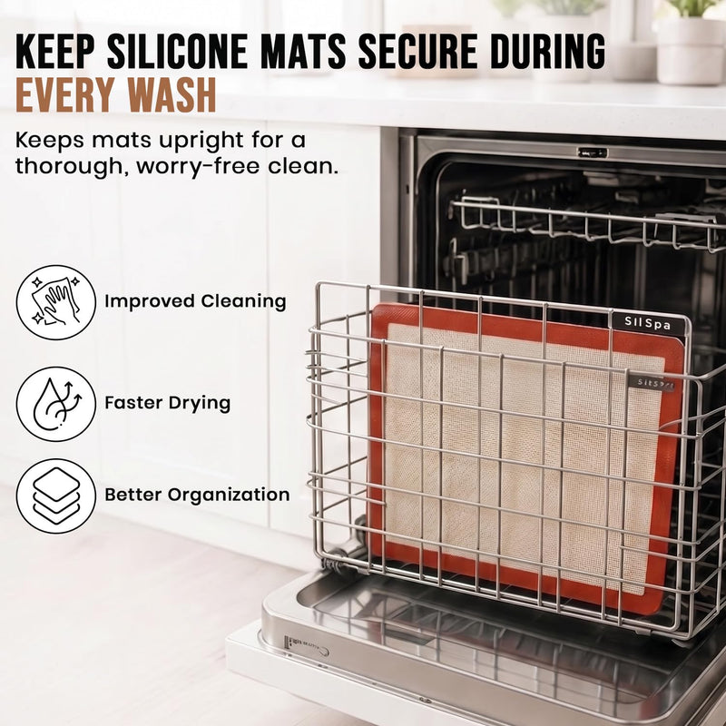 Silicone Mat Dishwasher Caddy Holder Stand: Silspa Dishwasher Safe Cage, Effortless Cleaning, Universal Fit, Durable Stainless Steel, Perfect Kitchen Accessory and Storage Basket