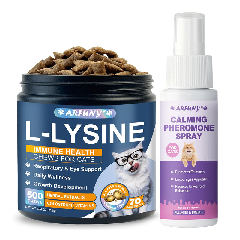 Cat Calming Pheromone Spray & Cat Lysine Chews for Cats - Cat Calming Spray Cat Anxiety & Stress Relief - Support Immune Health, Normal Eye Function and Respiratory Health