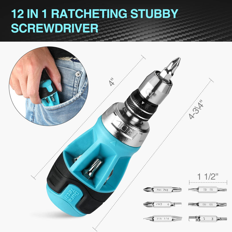 DURATECH Stubby Ratcheting Screwdriver, 12-in-1 Multi-bit Short Screw Drivers, Premium S2 Steel, Innovated Bits Quick-Load Mechanism, with Phillips, Slotted, Torx, Square Bits Stored in Handle