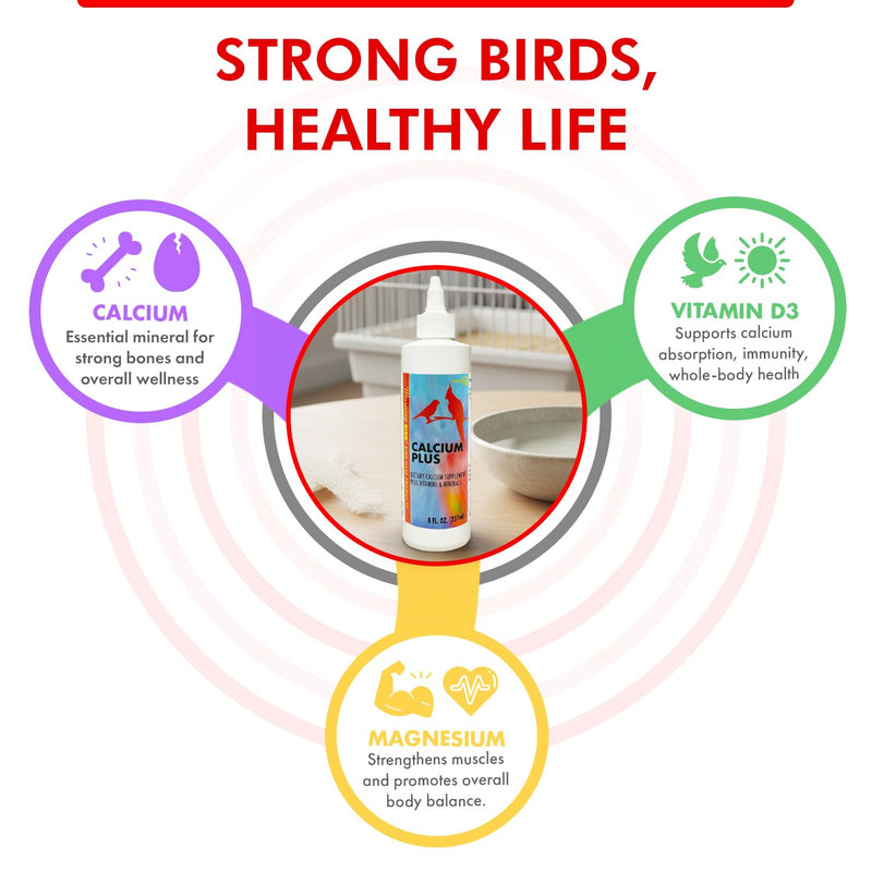 Morning Bird Calcium Plus Liquid for Birds – Calcium Supplement with Vitamins and Minerals for Strong Eggshells, Healthy Bones - Support Growth, Breeding, and Wellness for All Birds 8 Fl Oz