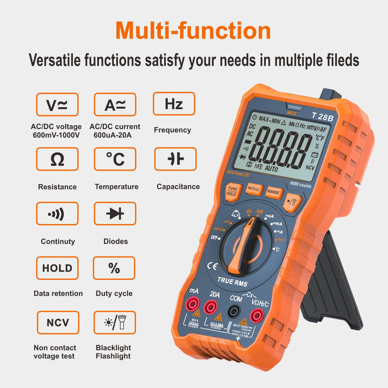 True RMS Digital Multimeter Tester, Auto-Ranging AC DC 20A Ohmmeter 1000V Voltmeter with NCV, Measure Voltage Current Amp Resistance Diode Continuity Duty-Cycle Capacitance Temperature, for Home Auto up to 1000V/20A