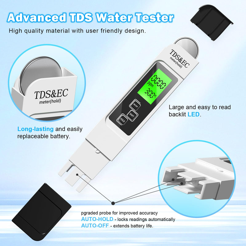 4 in 1 TDS Meter - TDS EC & Temperature(°C,°F) Meter,Accurate & Reliable Digital Water Testing Kits for Drinking Water, Tap, Well, Swimming Pool,Hydroponics, Aquarium, RO/DI System (Black & White) black & white