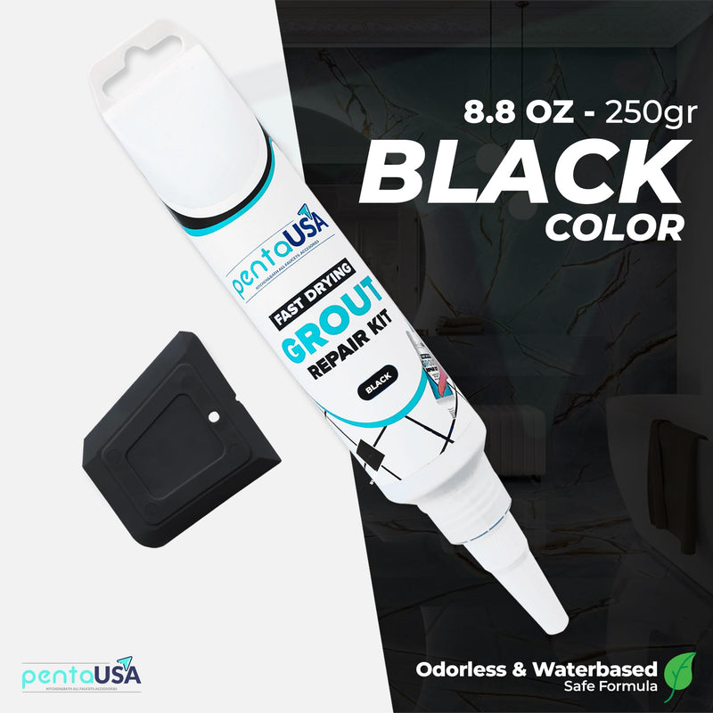 PentaUSA Tile Grout Repair Kit - Black Grout Filler, Triple Protection, Fast Drying Formula Restores and Renews Grout Lines with Grout Float (Black, 8.8oz / 250gr)