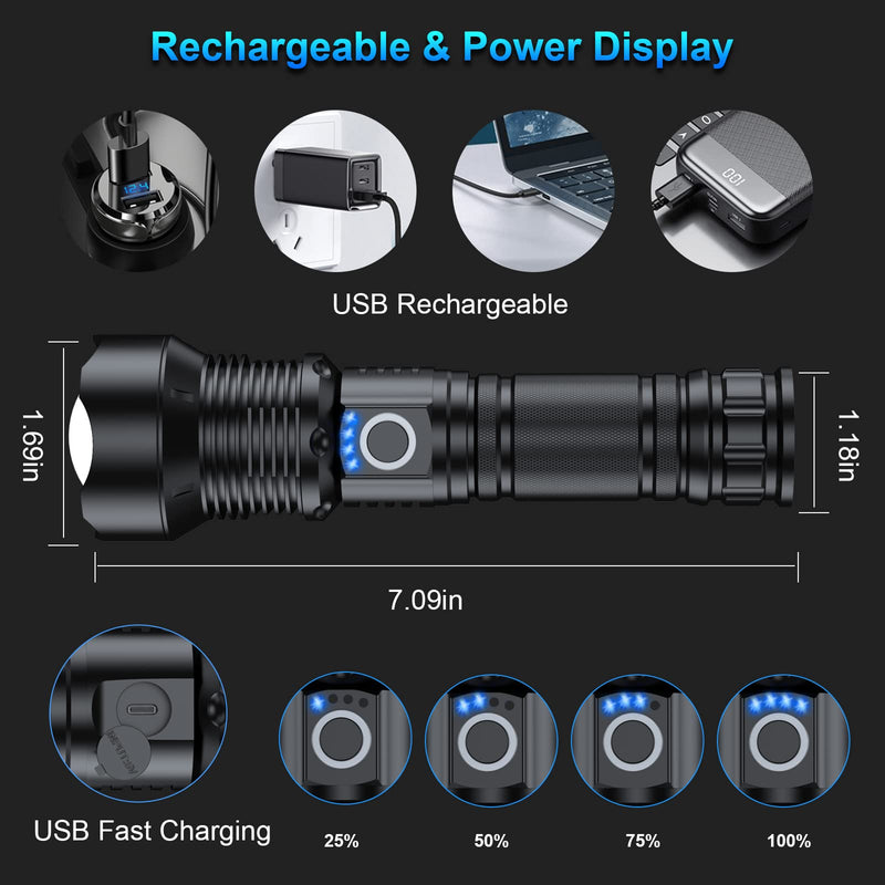 Rechargeable Flashlights 990,000 High Lumens - 2 Pack, Super Bright 12 Hours Long Life LED Flashlight with 5 Modes, High Powered Flash Light for Home, Outdoor Black