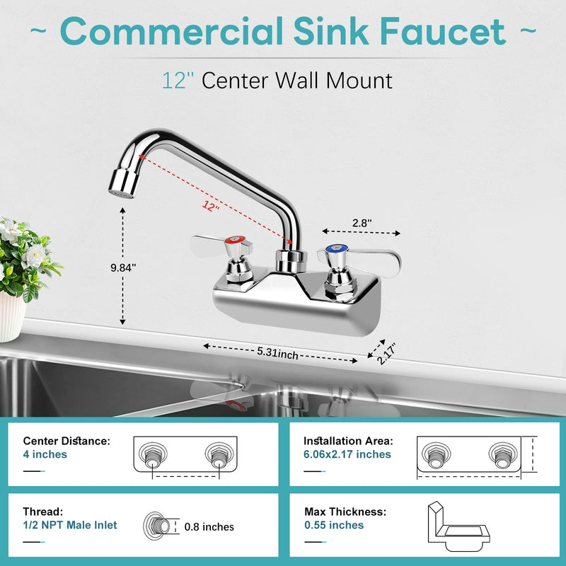4 Inch Center Commercial Sink Faucet Wall Mount with 12" Spout for Bar 4" center 12" spout