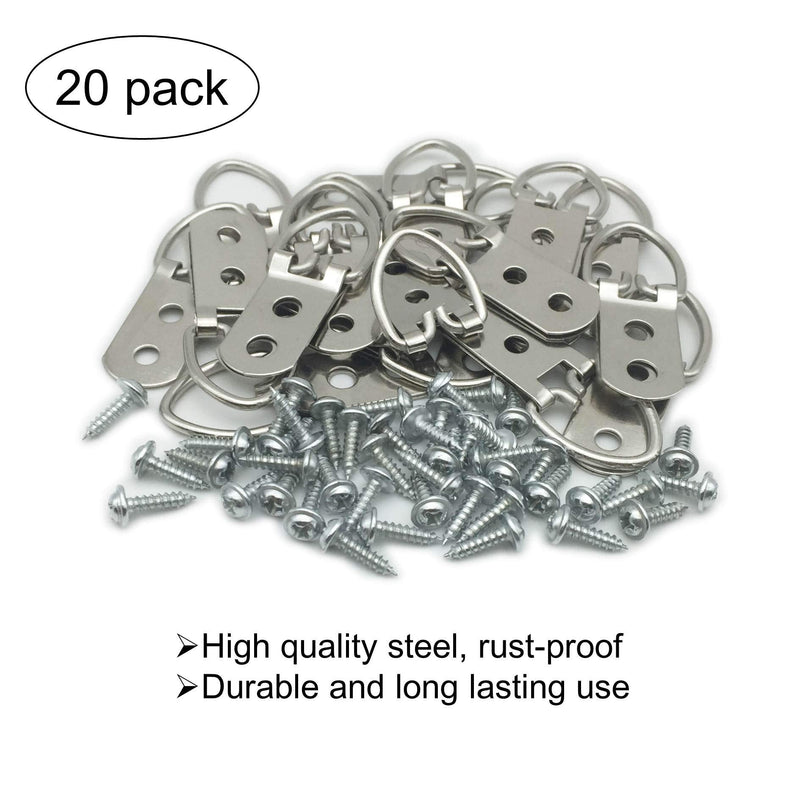 20 Pack D-Ring Steel Picture Hangers Heavy Duty with Screws Picture Frames Double Holes Clasp Picture Hang Solutions, for Hanging Clock Paintings Artwork Picture Frame Hook Photos Mirrors Double hole