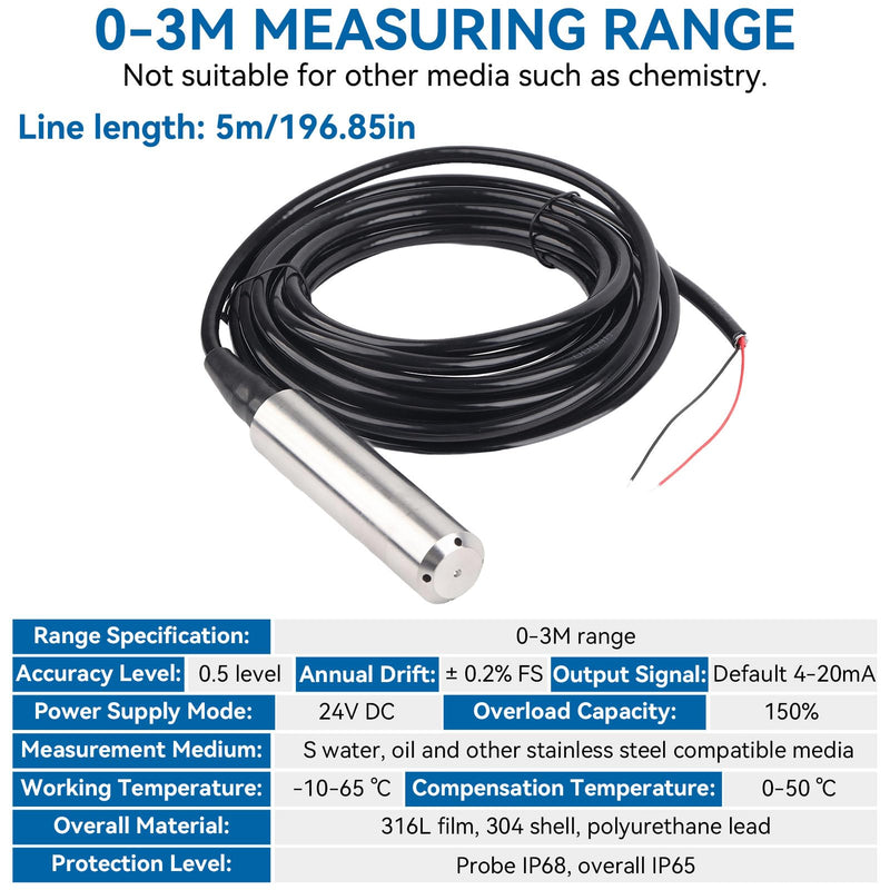 Submersible Level Sensor 4-20mA, DC24V 316L Stainless Steel Input Liquid Level Transmitter Water Level Sensor Detector 5m Cable (0-3m Measuring Range) 0-3m Measuring Range