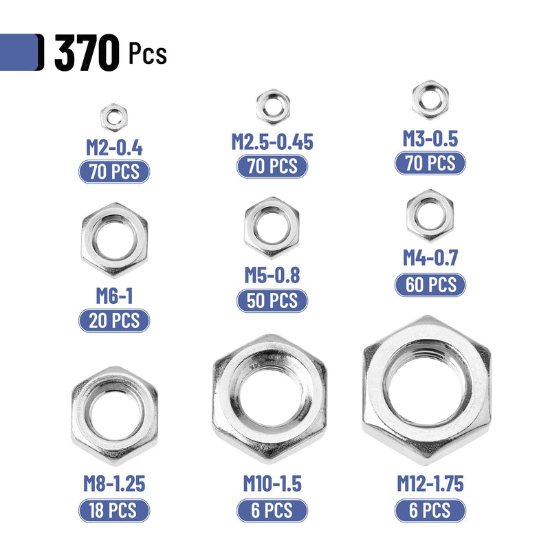 Mr. Pen- Metric Hex Nuts Assortment Kit, 370 pcs, Stainless Steel, Metric Nut Assortment 9 Sizes (M2 M3 M4 M5 M6 M8 M10 M12), Hardware Nuts, Metric Nuts, Machine Nuts, M6 Nut Set, M3 Nuts, M8 Nut
