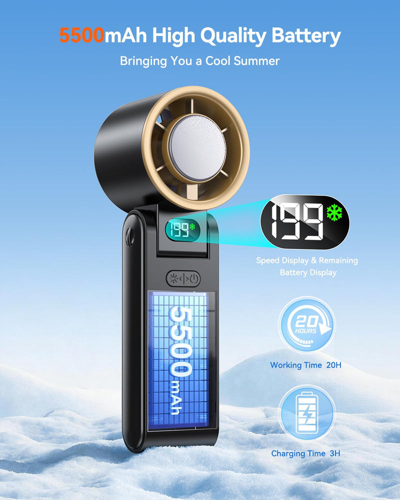 Portable Handheld Turbo Fan with Ice Cooler, 199 Speed Personal Fan,5500mAh Rechargeable,20H Cooling Time,20000 RPM Powerful Silent Motor, Summer Essential for Travel/Outdoor/Office, Black Gold