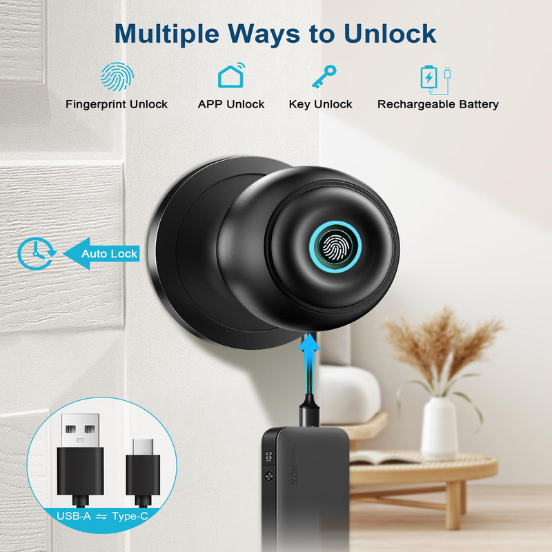 3-in-1 Smart Door Lock with Fingerprint Unlock, Smart Fingerprint Door Knob, Auto Lock & App Control – Keyless Entry for Home, Office, Garage & Apartment