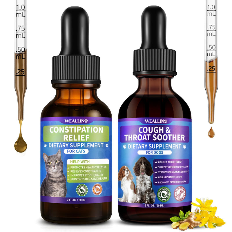 Cat Constipation Relief for Digestive Health Support + Dog Cough Treatment Support for Dogs for Breathing Comfort Bundle, Easy-to-Use, 60 ml/2 Fl Oz Each, Multi-Pet Family Care Solution