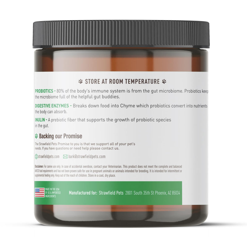 Strawfield Pets Pre + Probiotic Powder for Dogs with Digestive Enzymes Dog Probiotics for Yeast, Itchy Skin and Itchy Ears Natural Beef Liver Flavor 120 Scoops
