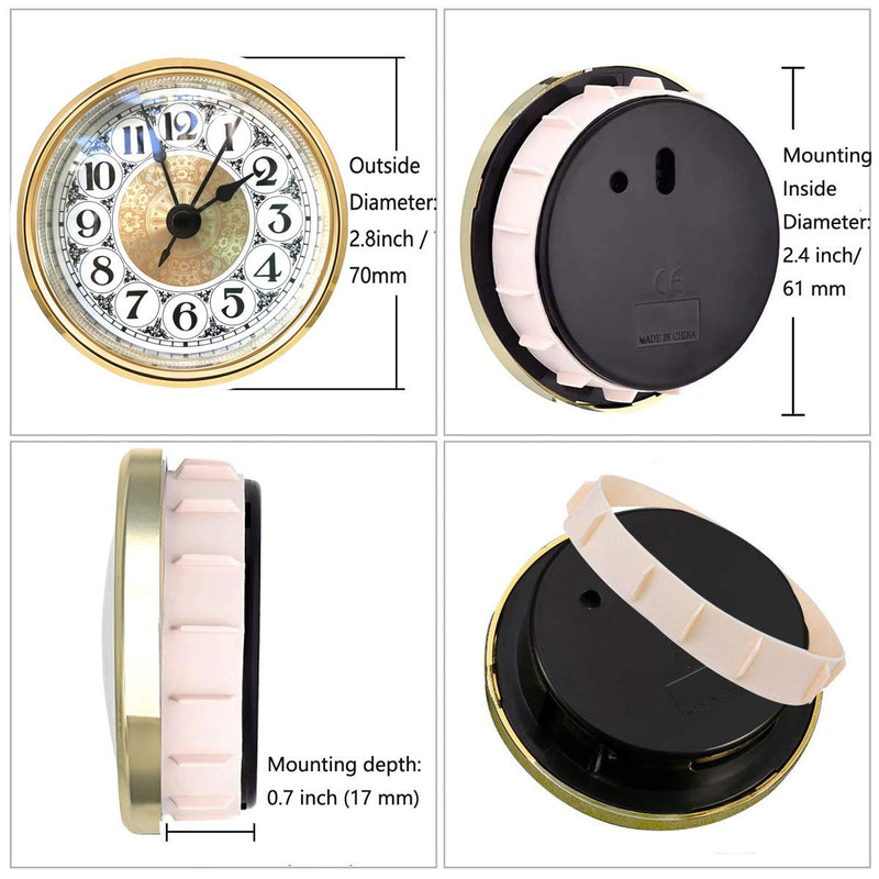 HILLHOME Mini Quartz Clock Insert 2.8 Inch (70 mm) Round Quartz Movement Miniature Clock White Dial Gold Trim Arabic Numerals, Fit 2.4 Inch (61 mm) Diameter Hole 2.8 Inch/70mm