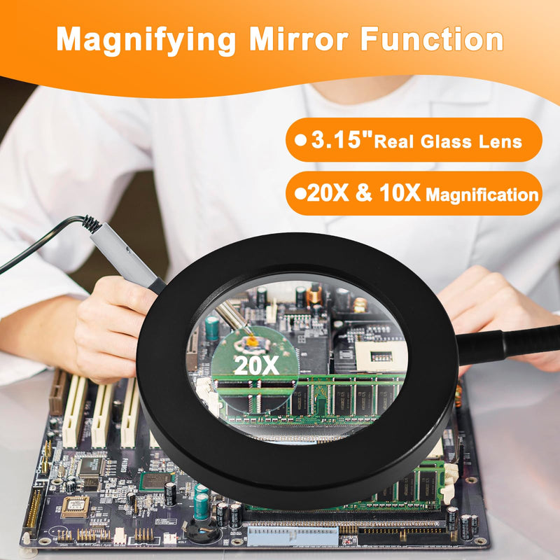 20X/10X Dual-lens Magnifying Glass with Light and Timer, Combination Lens Magnifier with Light, 3 Color Modes, 2 in 1 Magnifying Desk Lamp for Craft Hobby Painting Sewing Close Work(No Adapter) Black 120mm-NoAdapter