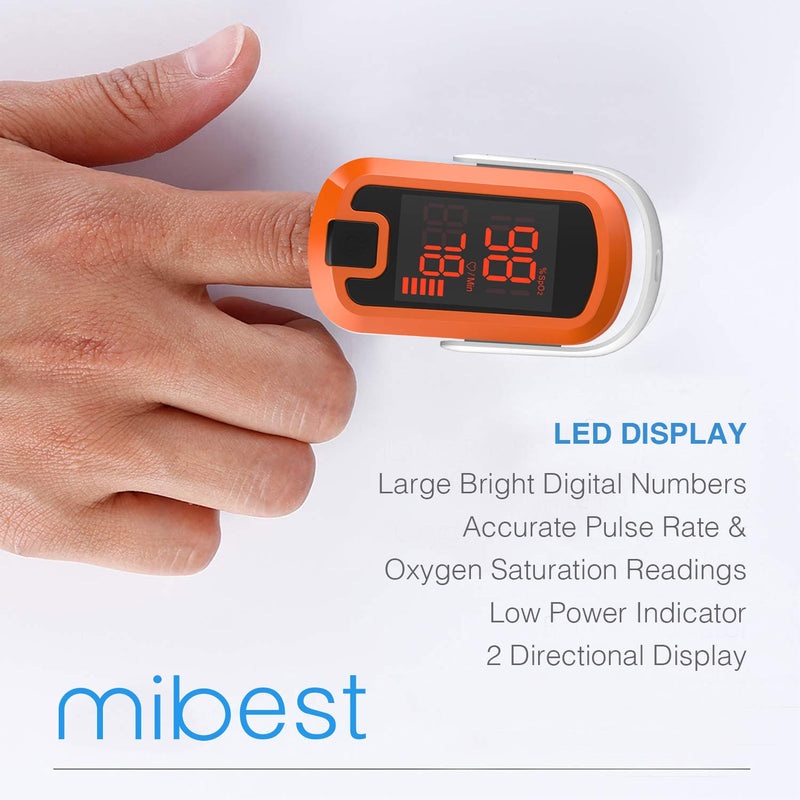 MIBEST Orange LED Finger Pulse Oximeter - Blood Oxygen Saturation Monitor - SPO2 Pulse Oximeter - Portable Oxygen Sensor with Included Batteries - O2 Saturation Monitor with Carry Pouch Orange - LED