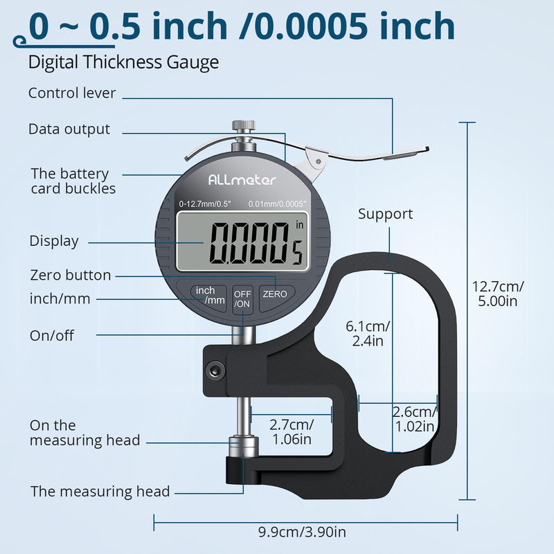 Digital Thickness Gauge, 0.01mm Resolution, 0-12.7mm Range | Electronic Micrometer Thickness Gage with LCD Display, Auto Zero, Inch/Metric Switch for Leather, Paper, Fabric, Plastic Film black 0-12.7mm,0.01mm