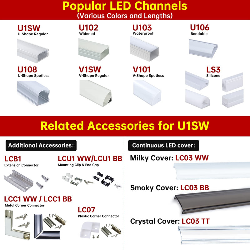 Muzata LED Channel Install Accessories Including 12Pack Stainless Steel Mounting Clips and 6Pack Grey End Caps fit Muzata U1SW U Shape Aluminum LED Strip Light Channel LCU1 WW