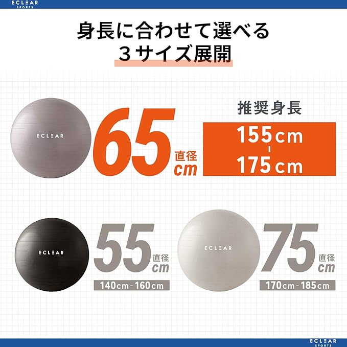 Elecom HCF-BB65GY Balance Ball, 25.6 inches (65 cm), Fitness Pump Included, Gray - NewNest Australia