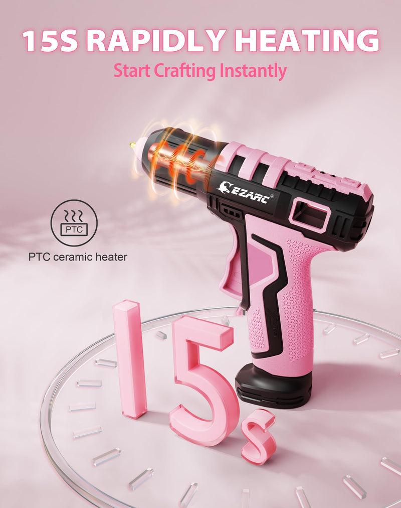 EZARC Cordless Hot Glue Gun, 15s Heating Fast Glue Gun Kit with 30 Pcs Mini Glue Gun Sticks, Automatic-Safety-Power-Off, Built-in 2500 mAh Lithium-ion for Art, Crafts, Decorations, Home Repairs Pink