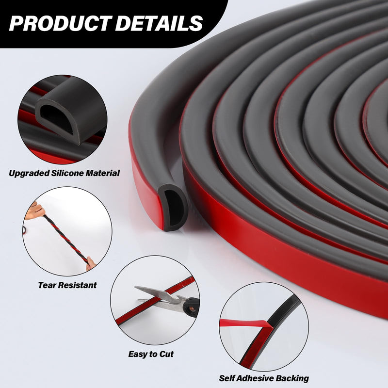 Silicone Weather Stripping Door Seal, 20FT Self Adhesive D-Shaped Door Weather Stripping for Door Frame＆Window Seal S (3/8"W × 1/4“T） Black