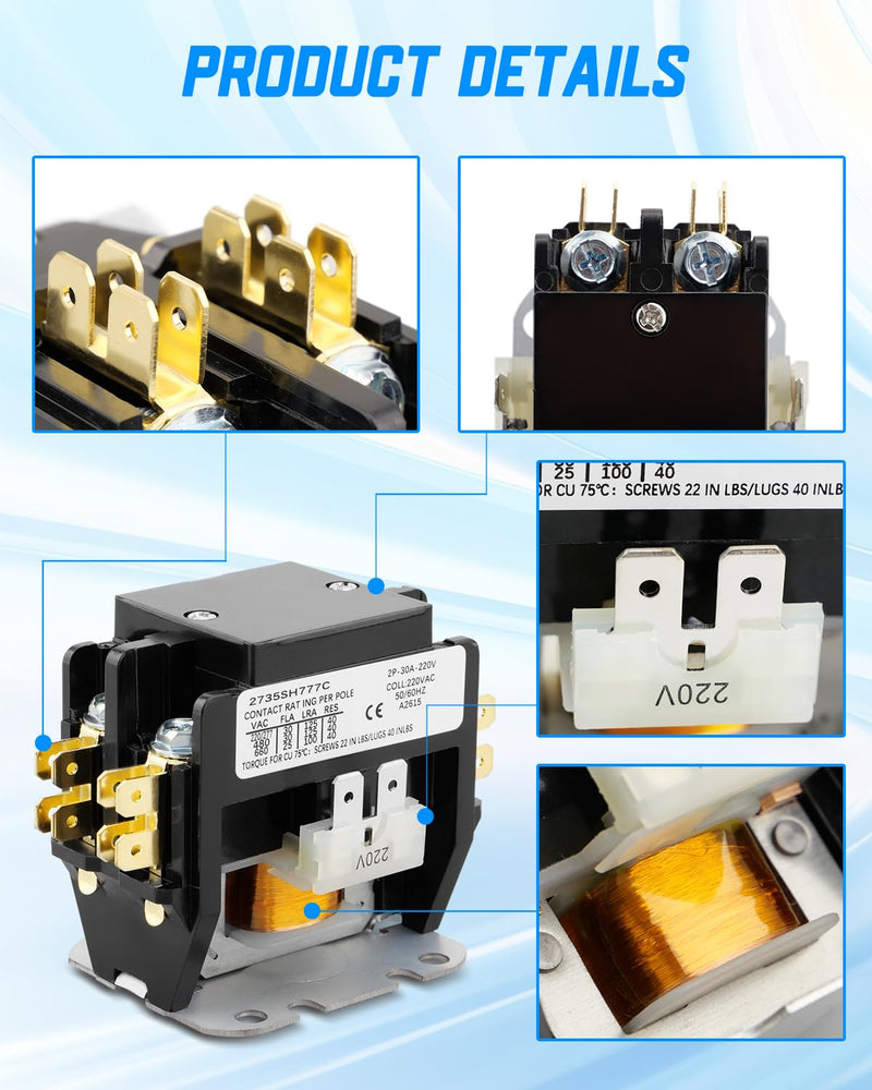C25BNB230B Compact Definite Purpose Contactor, 2 Pole 30A 240VAC 50/60Hz, Air Conditioner Contactor C25BNB230B