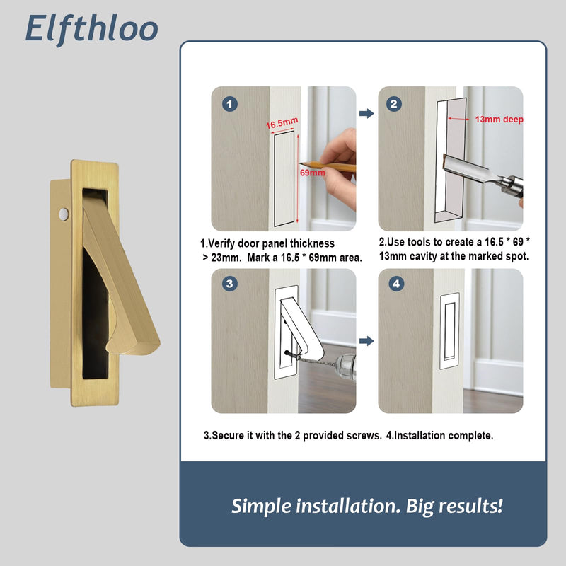 2 Pack Recessed Pocket Door Flush Mount Pull Handle, Elfthloo Stainless Steel Hidden Finger Design Sliding Door Hardware, Brushed Brass Finish, Edge Flush for Modern Furniture 2 Pack Brushed Gold