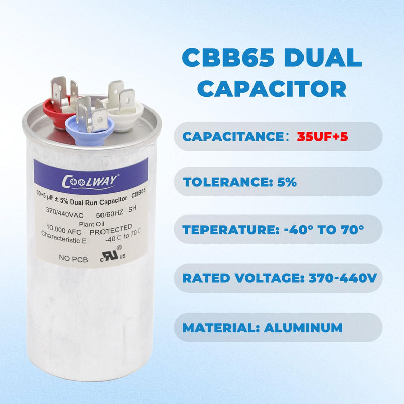 COOLWAY 35/5 uF 35+5 MFD ±5% 370V or 440V Dual Run Start ac Capacitor for ac 35 5 CBB65r CBB65b Capacitor 370 440 Volt vac Air Conditioner Capacitor for Motor Start or Heat Pump, Condenser, Pool Pump 35+5MFD