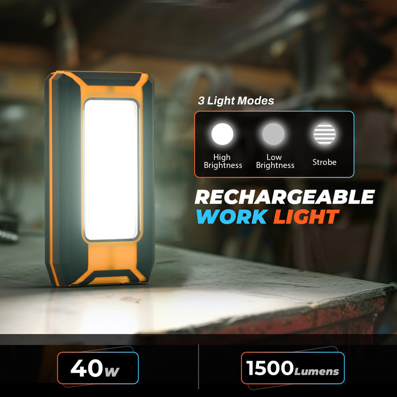 2pack LED Rechargeable Magnetic Work Light 40W 1500Lumens, Hanging Hook 3 Lighting Modes, Job Site Lighting for Car Repairing, Camping, Working, and Hurricane