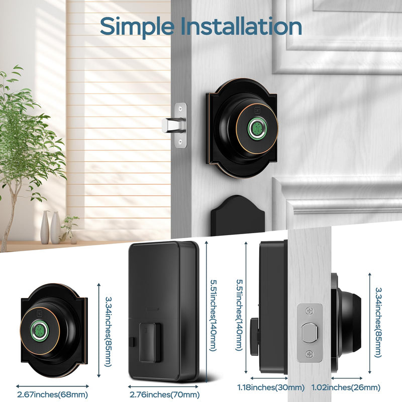 GeekTale Fingerprint Deadbolt with App, Smart Deadbolt Lock for Front Door, Keyless Entry Door Lock, Biometric Dead Bolt, Electronic Door Knob Black- Peltate