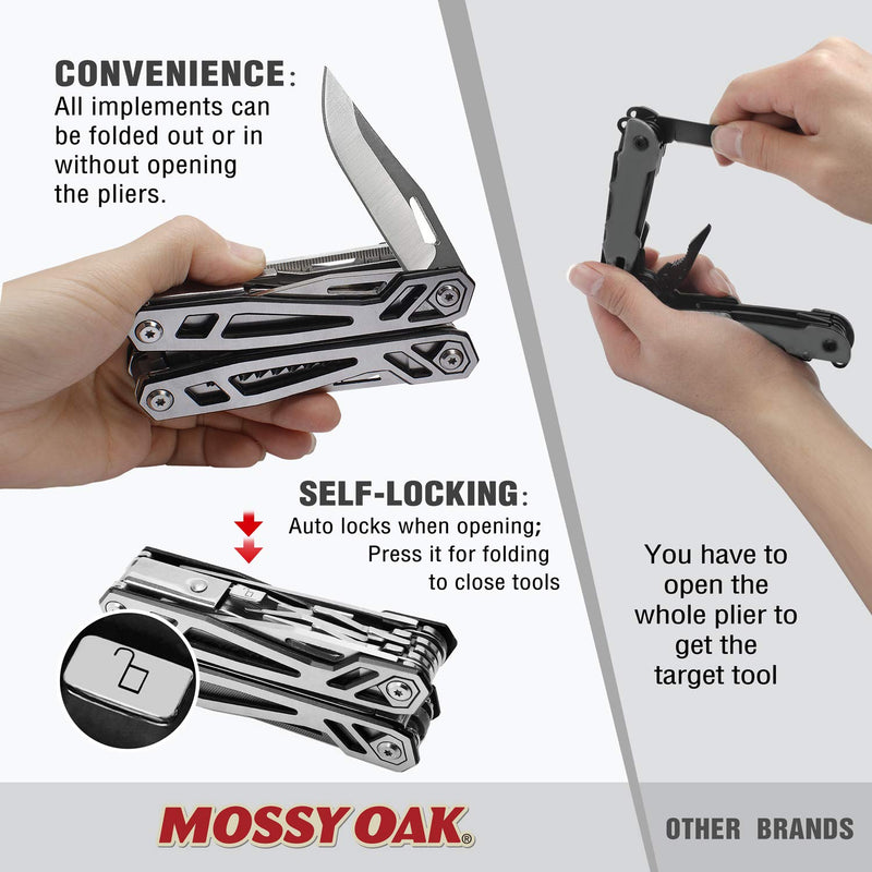 MOSSY OAK Multitool, 21-in-1 Stainless Steel Pocket Knife with Screwdriver Sleeve, Self-locking Pliers with Sheath-Perfect for Outdoor, Survival, Camping, Hiking, Simple Repair Silver