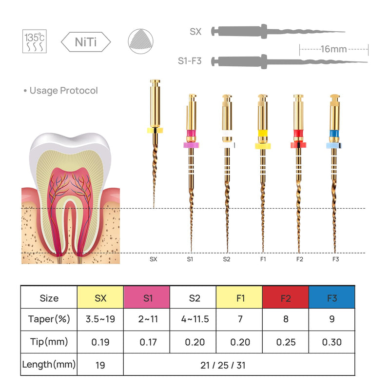 JMU PT-G Super Files,Niti Rotary Files SX(19mm), S1, S2, F1, F2, F3(25mm),Sequence File,6 Pcs/Pack SX (25mm) 1