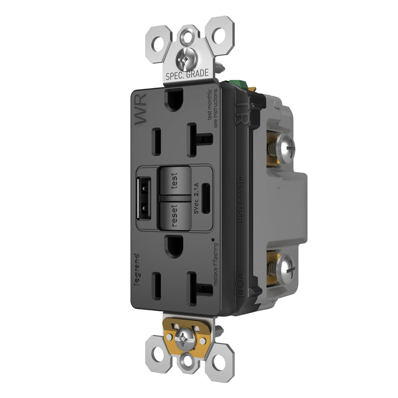 Legrand Pass & Seymour Radiant 20 Amp Hospital-Grade GFCI Wall Power Outlet with 2.0 Amp USB Charger, Black