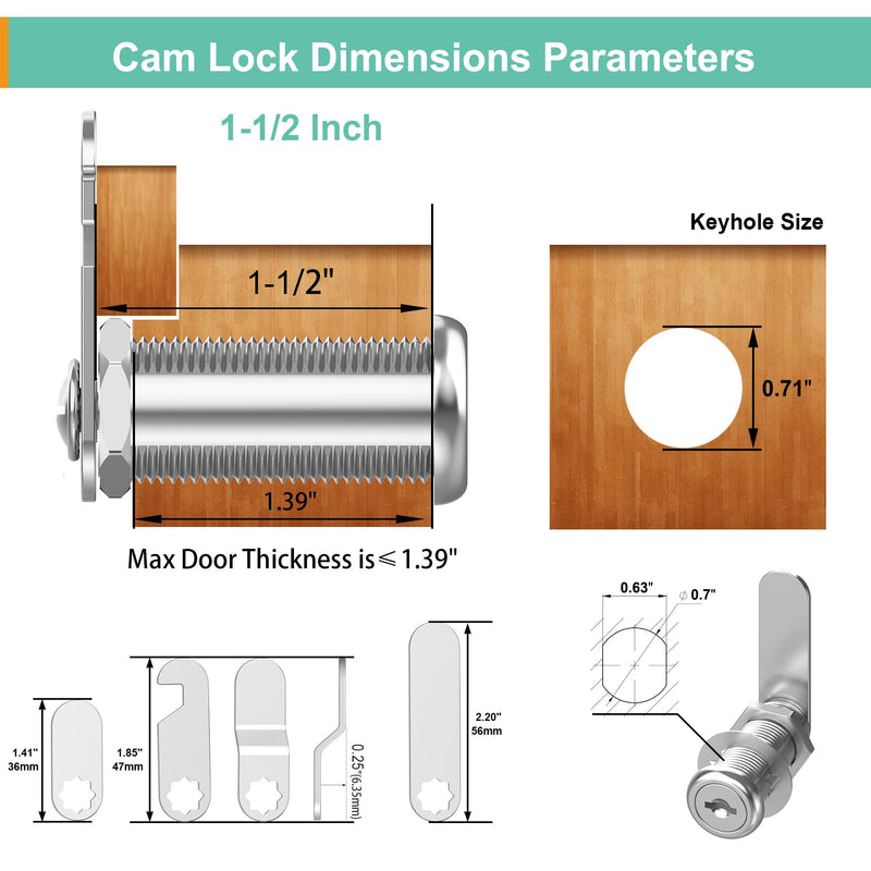 6 Pcs Cabinet Locks with Key, 1-1/2'' Cam Lock Keyed Alike Fit 1-3/8'' Max Panel, Mailbox Lock with Keys Secure Drawer RV Storage Locks, Zinc Alloy 1-1/2 Inch 6 Pcs Silver