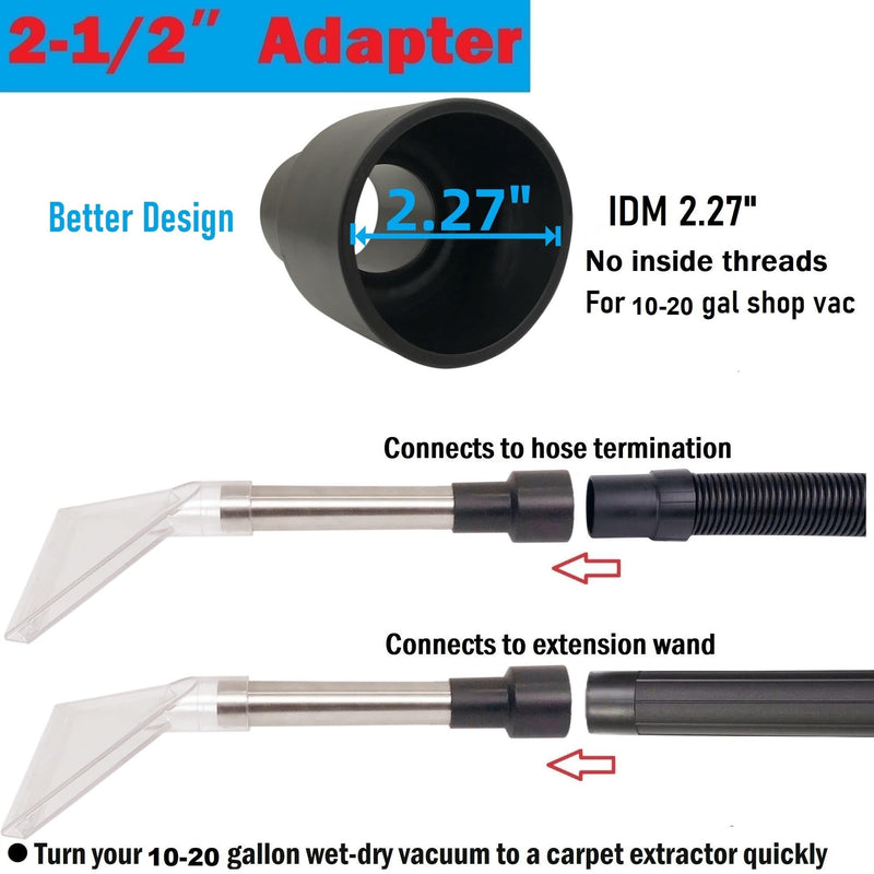 Universal Compatible with All Shop Vacs Extractor Attachment with 2-1/2" & 1-7/8" & 1-1/4" Three Adapters Vacuum Head Extraction Accessory for Upholstery & Carpet Cleaning & Auto Detailing