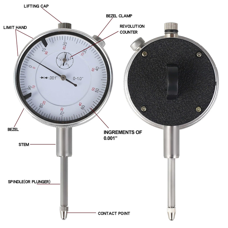 Dial Indicator SAE 0-1" Measuring Range/Resolution up to 0.001" Dial Gauge Tester Indicator with Lug Back