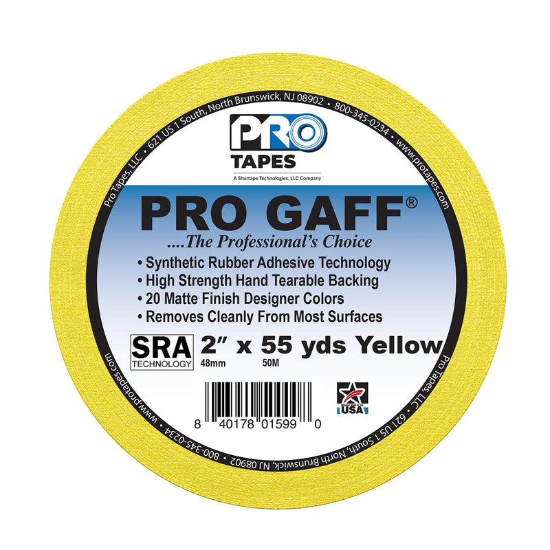 ProTapes Pro Gaff Premium Matte Cloth Gaffer's Tape With Rubber Adhesive, 11 mils Thick, 55 yds Length, 2" Width, Yellow (Pack of 1)