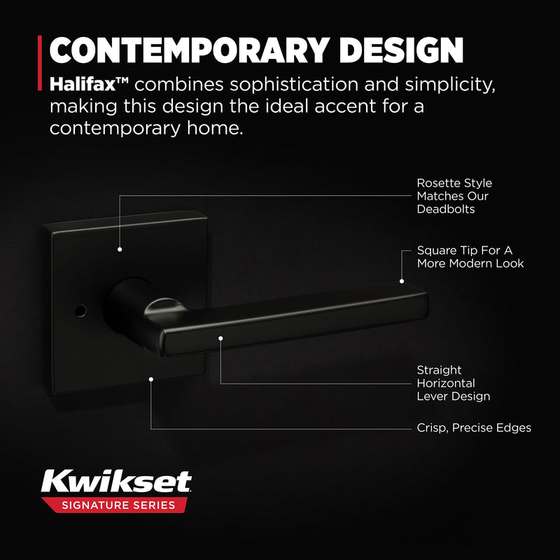 Kwikset Halifax Interior Privacy Door Handle with Lock, Door Lever For Bathroom and Bedroom, Matte Black Reversible Keyless Push Button Lock Door Lever, with Microban Protection, Square Rose 1 Pack