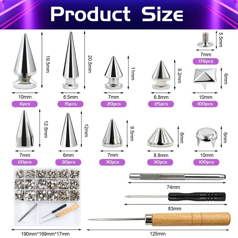 555 PCS Studs and Spikes for Clothing, 10 Size Metal Studs Leather Rivets for Craft, Square Pyramid Studs Round Dome Rivets DIY Punk Style Decoration for Clothes, Shoes, Belts, Dog Collars silver