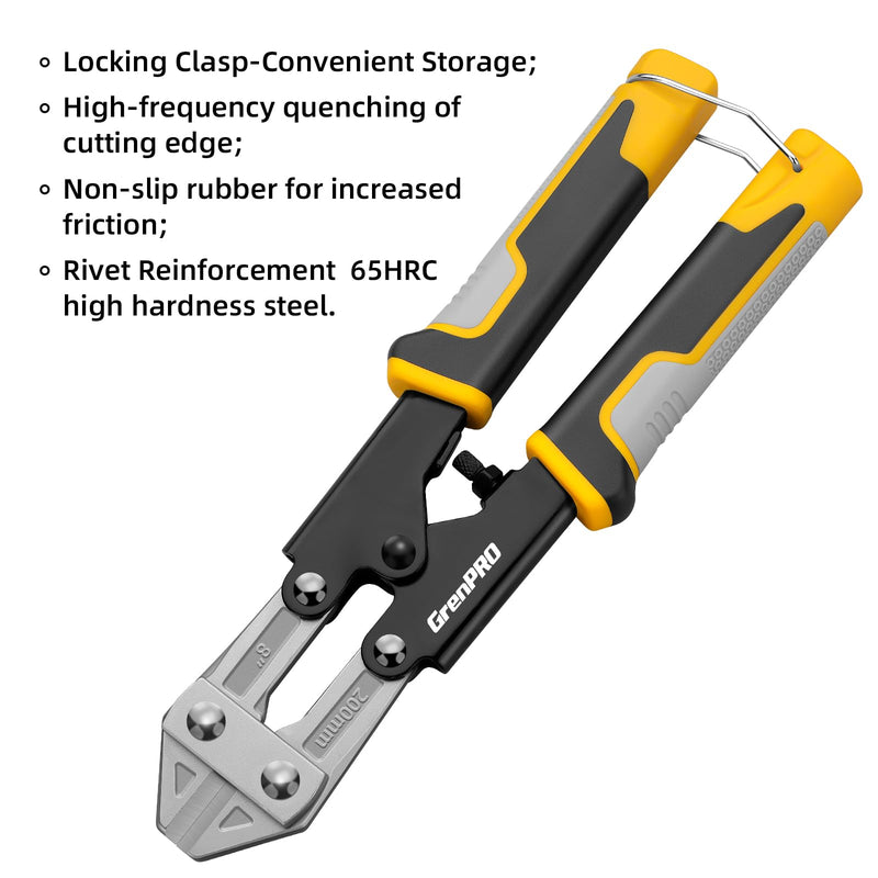 Mini Bolt Cutter 8 Inch, Small Wire Cable Cutter Heavy Duty with Ergonomic Handle Grip,Spring Loaded Snips Clippers CR-V Steel, Sharpened Cutting Edge for Wire, Cables, Chains, Small Screws